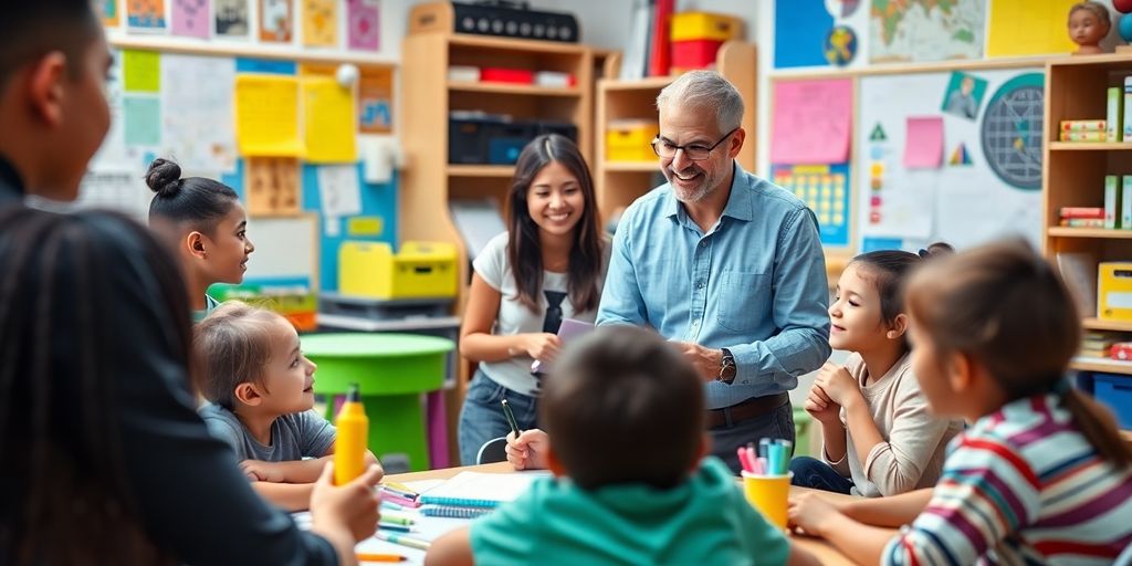 Siswa dan guru berinteraksi di kelas yang cerah.