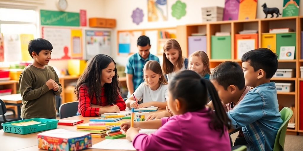 Kelas yang ramai dengan siswa belajar bersama secara aktif.