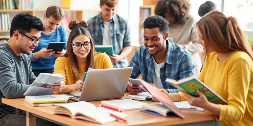 Siswa belajar dengan laptop dan alat digital.